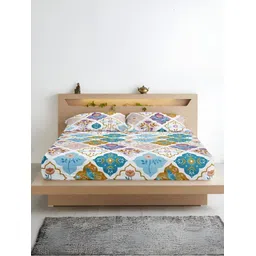 Aurave White & Blue Floral Microfiber 210 TC Fitted Queen Bedsheet with 2 Pillow Covers-picture-18