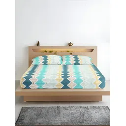 Aurave White & Blue Geometric Microfiber 210 TC Fitted King Bedsheet With 2 Pillow Covers-picture-19