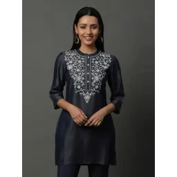 Aurelia Blue Cotton Embroidered Straight Short Kurti-picture-13