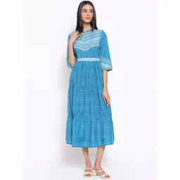AURELIA Blue Printed Fit & Flared Dress With Belt-picture-14
