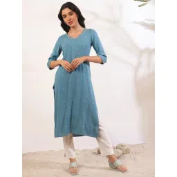 Aurelia Blue Pure Cotton Embroidered Kurta-picture-13