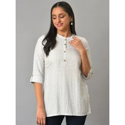 AURELIA Checked Mandarin Collar Roll Up Sleeves Kurti-picture-31