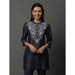 AURELIA Floral Embroidered Mandarin Collar Denim Straight Kurti-picture-10