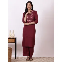 AURELIA Floral Yoke Design Mandarin Collar Pure Cotton Straight Kurta With Palazzos-image-48