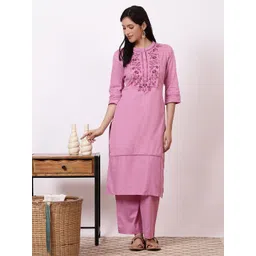 AURELIA Floral Yoke Design Mandarin Collar Pure Cotton Straight Kurta With Trousers-picture-14