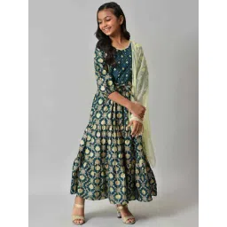 Aurelia Kids Green & Light Yellow Printed Dress-picture-27