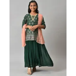 Aurelia Kids Green & Peach Floral Print Kurta, Skirt with Dupatta-picture-17