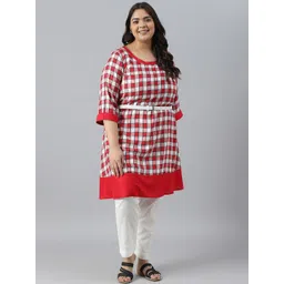 AURELIA Plus Size Round Neck Checked Thread Work Kurta With Belt-picture-27