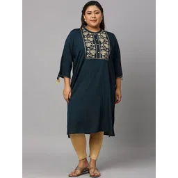 AURELIA Plus Size Women Navy Blue Yoke Design Thread Work Straight Fit Kurta-picture-22