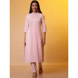AURELIA Striped Band Collar Regular Pure Cotton Straight Kurta with Trousers-picture-37