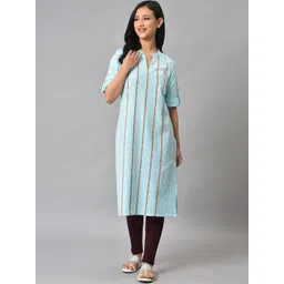 AURELIA Striped Mandarin Collar Roll-Up Sleeves Pure Cotton Straight Kurta-picture-30