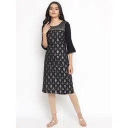 AURELIA Women Black & Silver-Toned Ethnic Motifs Printed Flared Sleeves Kurta-picture-41