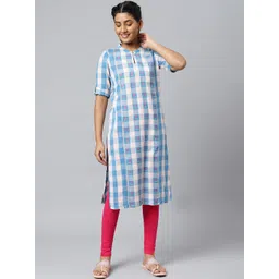 AURELIA Women Blue & White Checked Keyhole Neck Kurta-picture-21