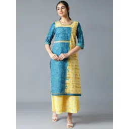 AURELIA Women Blue & Yellow Floral Printed Pure Cotton Kurta-picture-28