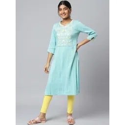 AURELIA Women Blue Ethnic Motifs Yoke Design Thread Work Kurta-picture-28