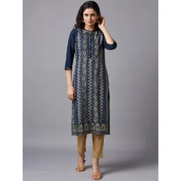 AURELIA Women Blue Ethnic Printed Round Neck Three-Quarter Sleeves LIVA Kurta-picture-31