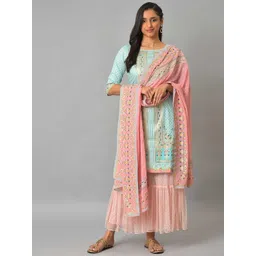 Aurelia Women Blue Floral Print Viscose Kurta Set with Sharara & Dupatta-picture-24