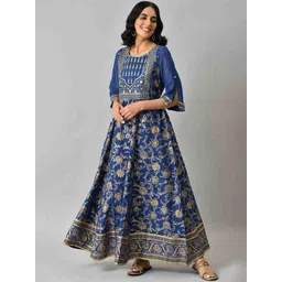 AURELIA Women Blue Floral Printed Ethnic Maxi Dress-picture-25