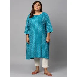 AURELIA Women Blue Striped Printed Thread Work Straight Fit Kurta-picture-20