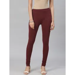 AURELIA Women Burgundy Solid Pure Cotton Churidar-Length Leggings-picture-37