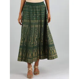 AURELIA Women Green & Gold Ethnic Printed Midi Skirt-picture-41