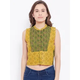AURELIA Women Green & Mustard Yellow Printed Crop Pure Cotton Top-picture-20