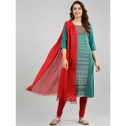 AURELIA Women Green & Red Geometric Thread Work Pure Cotton Kurta-picture-29