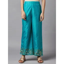 AURELIA Women Green & White Floral Printed Knitted Ethnic Palazzos-picture-39