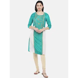 AURELIA Women Green & White Printed Colourblocked Straight Kurta-picture-27