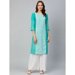 AURELIA Women Green & White Printed Yarn Dyed Dobby Weaved Straight Kurta-picture-29