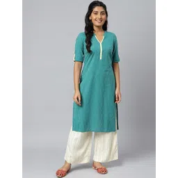 AURELIA Women Green & Yellow Embroidered Cotton Kurta-picture-11