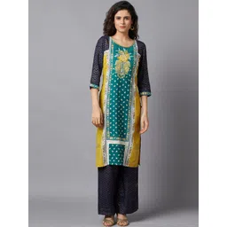 AURELIA Women Green & Yellow Ethnic Motifs Printed Straight Kurta image 1
