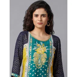 AURELIA Women Green & Yellow Ethnic Motifs Printed Straight Kurta image 2