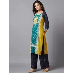 AURELIA Women Green & Yellow Ethnic Motifs Printed Straight Kurta image 5