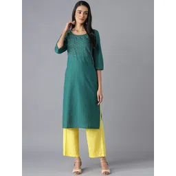 AURELIA Women Green & Yellow Yoke Design Pure Cotton Kurta with Palazzos-picture-31