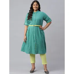 AURELIA Women Green Checked Thread Work Kurta-picture-22