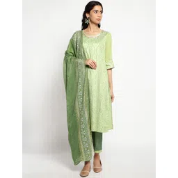 AURELIA Women Green Embroidered Layered Kurta with Trousers & With Dupatta-picture-14