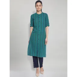 AURELIA Women Green Embroidered Pure Cotton Kurta with Trousers-picture-40