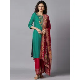 AURELIA Women Green Ethnic Motifs Embroidered Kurta with Palazzos & With Dupatta-picture-37