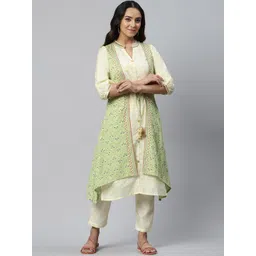 AURELIA Women Green Ethnic Motifs Embroidered Layered Kurta with Trousers-picture-23