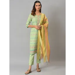 Aurelia Women Green Geometric Print Rayon Kurta Set with Trousers & Dupatta-picture-15