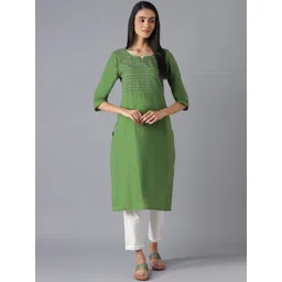 AURELIA Women Green Striped Pure Cotton Kurta with Trousers-picture-32