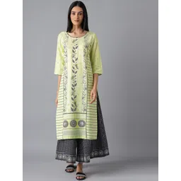 AURELIA Women Lime Green & Black Ethnic Motifs Printed Pure Cotton Kurta-picture-36