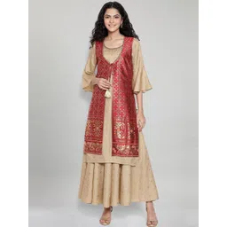 AURELIA Women Maroon & Beige Ethnic Motifs Printed Regular Kurta with Palazzos & Jacket-image-31