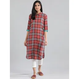 Aurelia Women Maroon & Grey Checked Shirt Collar Roll-Up Sleeves Cotton Pathani Kurta-image-30