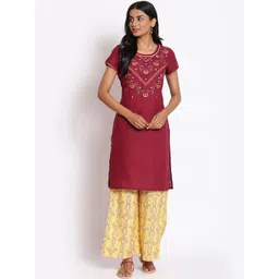 AURELIA Women Maroon Floral Embroidered Thread Work Kurta with Palazzos-picture-13