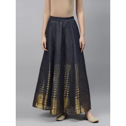 AURELIA Women Navy Blue & Golden Woven Design Flared Maxi Skirt-picture-29