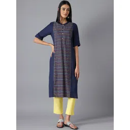 AURELIA Women Navy Blue & Yellow Geometric Printed Kurta-picture-18