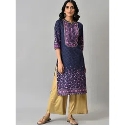 AURELIA Women Navy Blue Floral Printed Straight Fit Kurta-picture-19