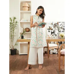 Aurelia Women Off White Floral Print Cotton Kurta Set with Palazzos-picture-14
